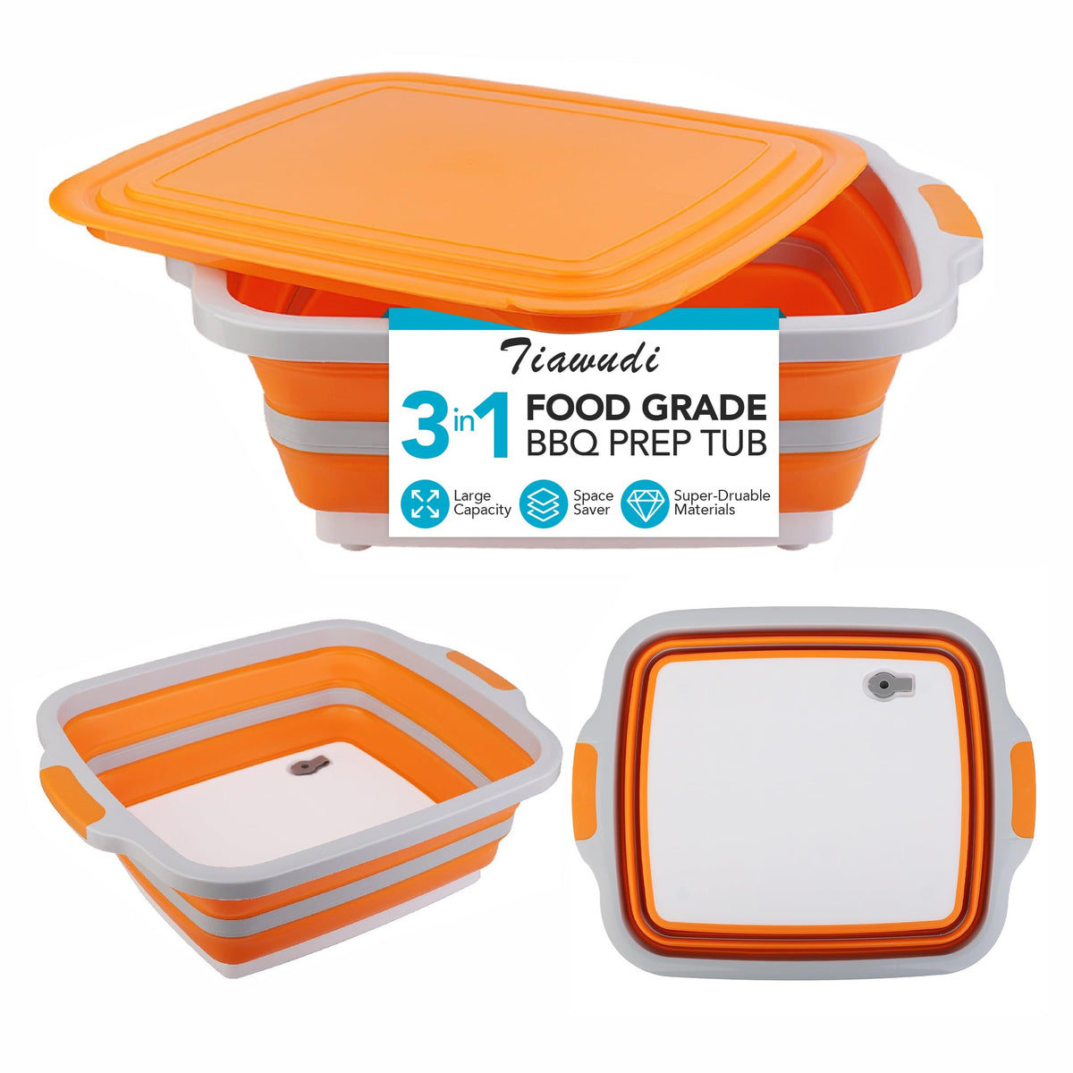 Tiawudi Large Collapsible BBQ Prep Tub with Lid(4.22 Gal/16L), Foldable Camping Sink with Colander, Cutting Board, Dish Basin for Kitchen, Bowl, Vegetable and Fruit, Storage Basket for Picnic