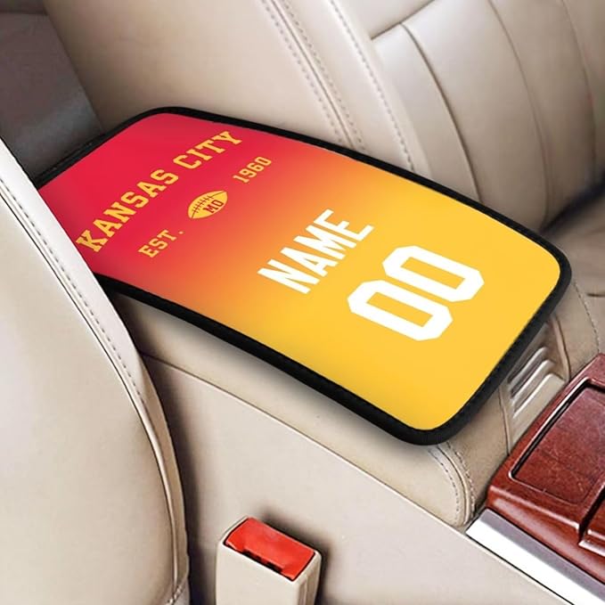Custom Car Armrest Cover,Add Personalized Name and Number As Gifts for Loyal Football Fans,Auto Center Console Pad Car handrail Box Cushion,Fit for Most Car