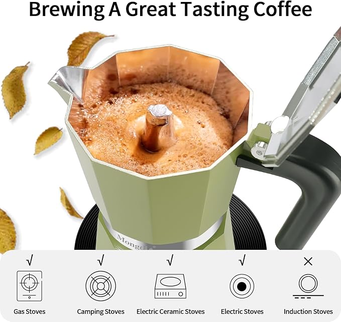 Mongdio Stovetop Espresso Maker Moka Pot, Stove Top Cuban Coffee Maker, Italian Greca Mocha Pot, 9 Espresso Cups, 15 oz - Green