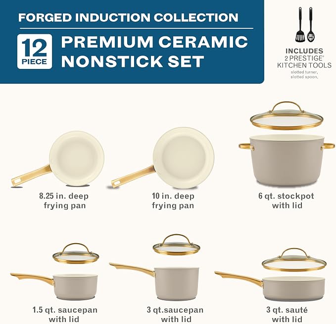 Farberware Forged Induction Ceramic Nonstick Cookware Set, 12-Piece, Taupe Pots & Pans