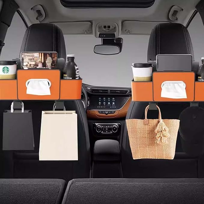 3-in-1 Car Backseat Organizer, 2026 Upgraded Multifunctional Car Seat Back Storage Box, Backseat Car Organizer with 2 Cup Holders, Tissue Box & Hooks, Universal Car Essentials (Beige)