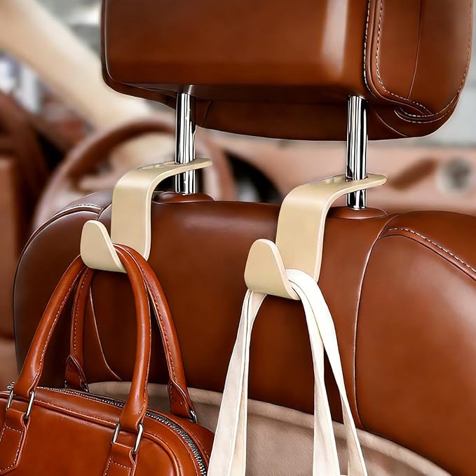 4PCS Car Seat Headrest Hook, Multifunctional Vehicle Seat Back Hanger Holder for Purse Handbag Umbrella, Automotive Interior Backseat Storage Organizer, Universal for SUV Van Truck (Beige)