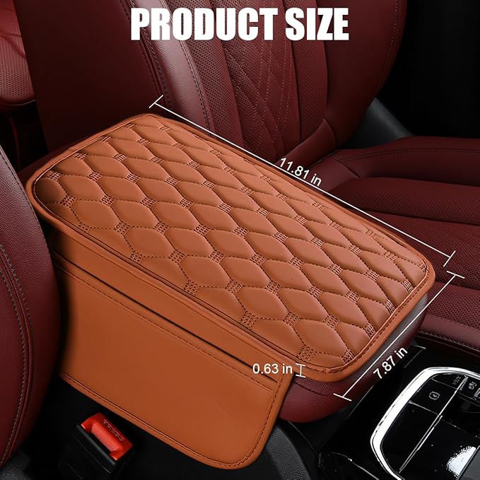 Car Center Console Cover, Leather Vehicle Armrest Cover Cushion with 2 Storage Bags, Automotive Interior Arm Rest Seat Box Pad Accessories, Universal for SUV Sedan Truck (Brown)