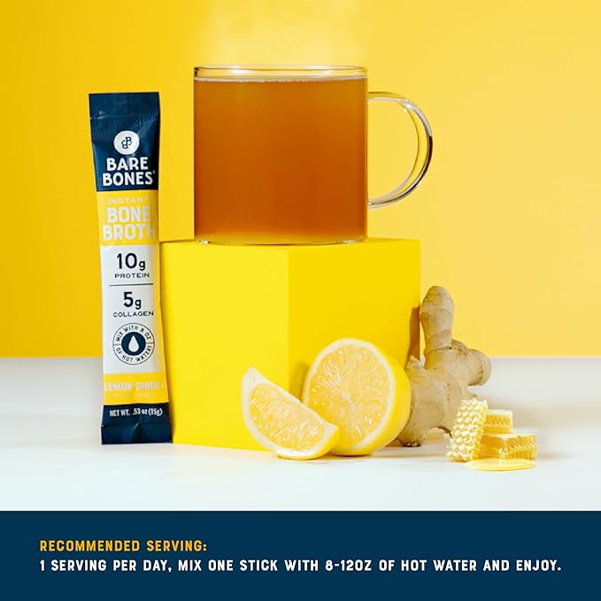 Bare Bones Lemon Ginger Bone Broth Instant Powdered Mix Packets | 5g Collagen | 10g Protein | Keto & Paleo Friendly | No Artificial Flavors | Rich Savory on-the-go 16 Pack