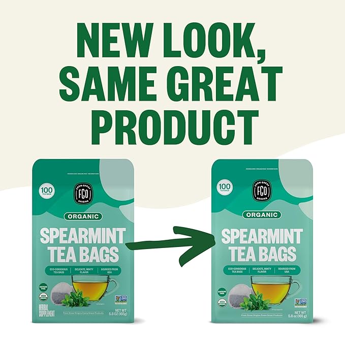 FGO Organic Spearmint Leaf Tea, 100 Count, Eco-Conscious Tea Bags, Caffeine Free, Resealable Bag, Packaging May Vary (Pack of 1)