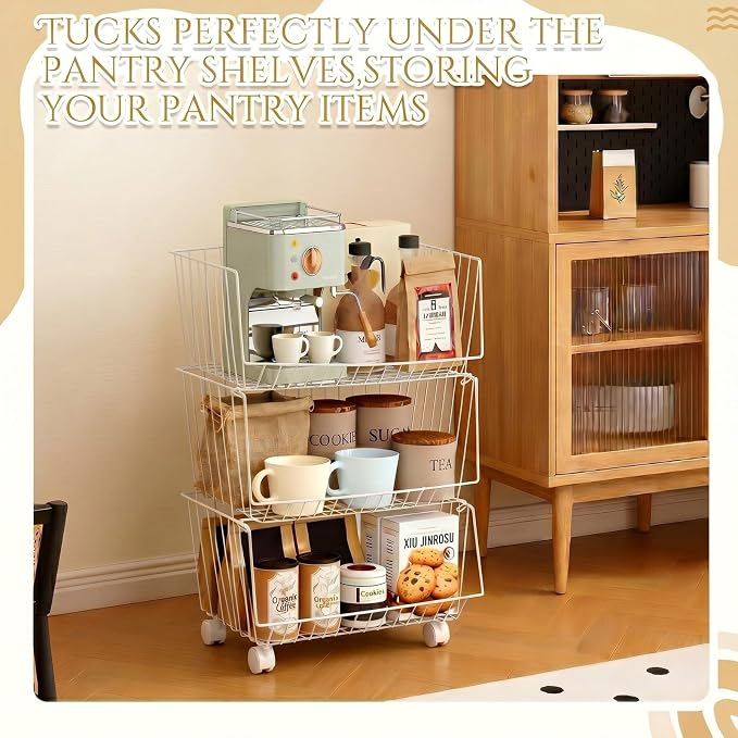 Maxdot 2 Pack 3 Tier Rolling Pantry Floor Organizer and Storage Cart with Wheels Stackable Pantry Metal Wire Baskets Kitchen Fruit Snacks Basket Stand for Kitchen Office Living Room (White)