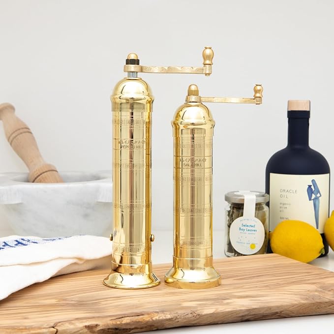 The Original Greek Pepper Mill 8 Inch Tall | European Pepper Mill Grinder with Crank Handle | Manual Pepper Grinder | Peppercorns Refillable - Brass