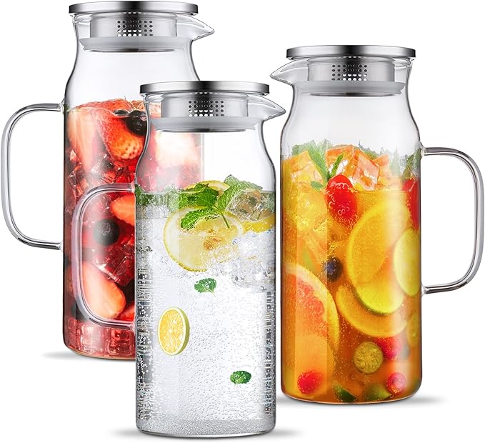 Bivvclaz 3 Pack 2 Liter 68 oz 2.1 Qt Glass Pitcher with Lid and Handle, Water Pitcher for Fridge, Glass Carafe for Hot/Cold Water, Large Iced Tea Pitcher for Coffee, Juice and Homemade Beverage