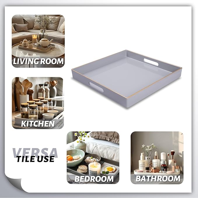 MAONAME Decorative Tray, Gray Serving Tray with Handles, Coffee Table Trays, Square Plastic Trays for Ottoman, Bathroom, Kitchen, 13" x 13" x 1.57"