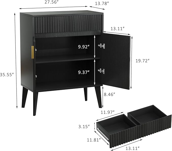 Sideboard Storage Cabinet with 2 Drawers & 2 Doors, Fluted Kitchen Buffet Cabinet with Adjustable Shelves, Coffee Bar Station for Living Room, Entryway, 13.8 x 27.6 x 35.6 Inches, Black