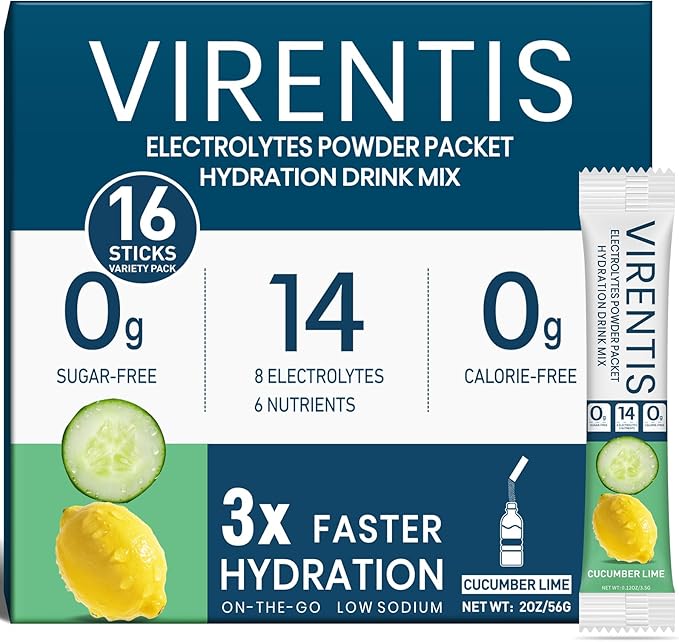 16 Sticks Electrolytes Powder Packets Sugar Free Hydration Packets Liquid Daily IV Electrolyte Drink Mix for Rehydration with 8 Electrolytes & 6 Vitamins, Low Sodium, Cucumber Lime