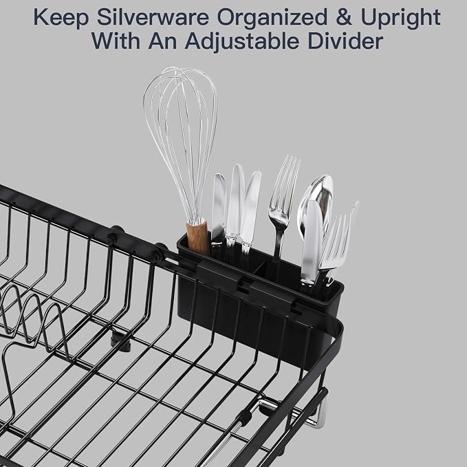 MAJALiS Dish Drying Rack Over The Sink with Utensil Holder, Mat | Expandable Stainless Steel Dish Drainer for Small Kitchen, Apartment, RV, Counter Space Saving, Perfect Fit, Rustproof