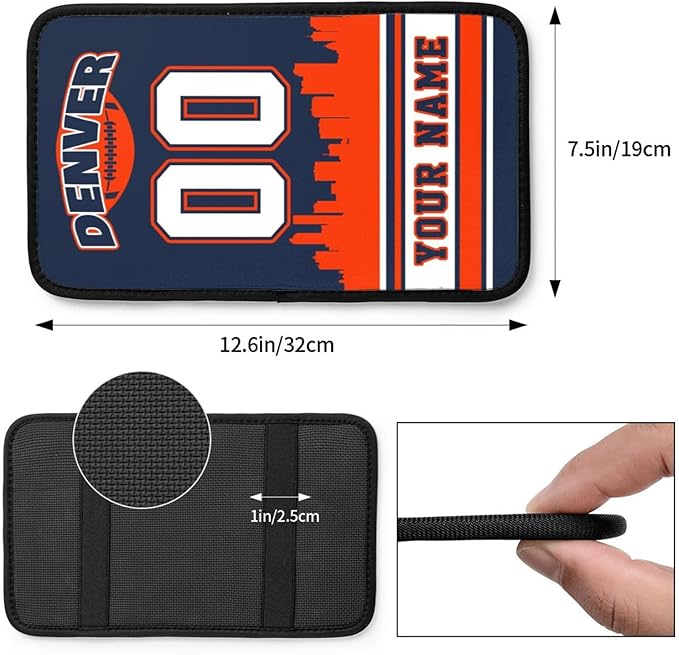 Custom Denver Car Armrest Covers Personalized Football Style with Name Number Customized Auto Center Console Pad Car Handrail Box Cushion for Most Vehicle Decor Accessories, Fans Gift