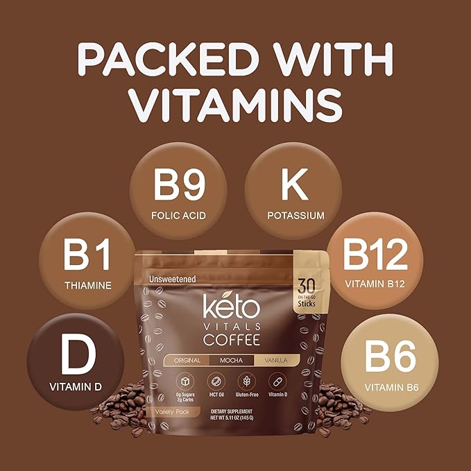 Keto Vitals Instant Keto Coffee Powder with MCT Oil & Vitamins - Low-Calorie Unsweetened Instant Coffee Packets, Single Serve - Keto Coffee Instant Mix in Original, Vanilla, & Mocha Flavors - 30 Count