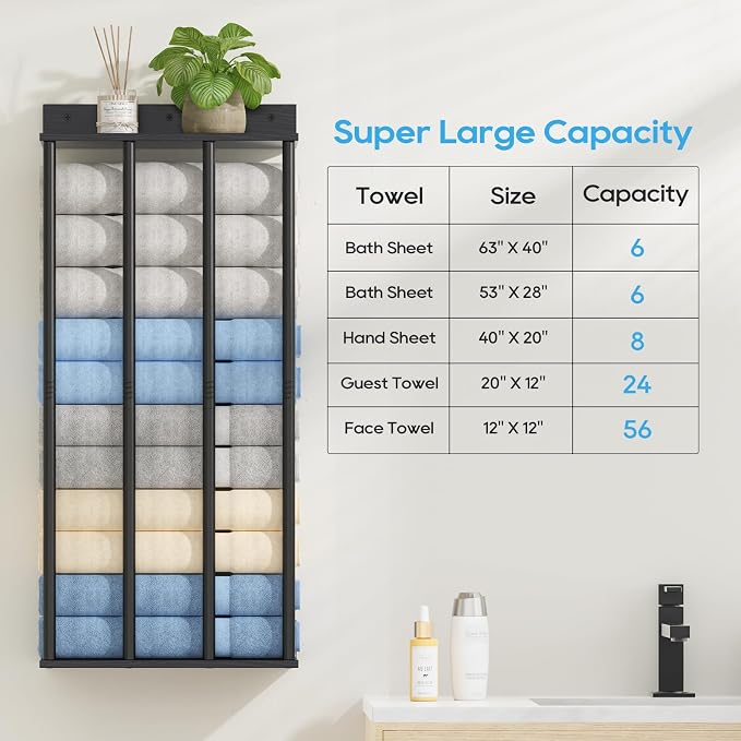 Towel Racks for Bathroom Wall Mounted, Updated 4 Bar Wall Towel Holder | Large Bathroom Towel Storage Rack for Rolled Towels, Modern Metal Towel Organizer Shelf with Wooden Storage Shelf