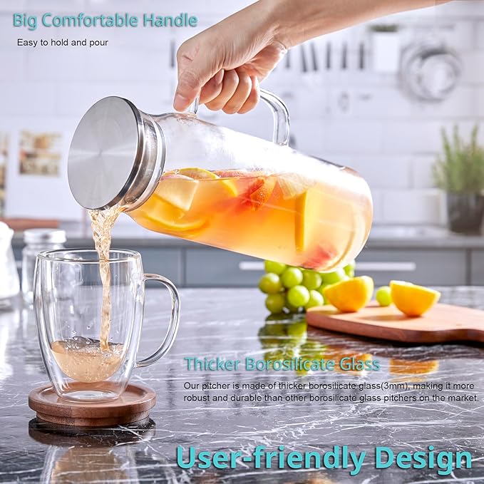 Bivvclaz 2 Pack 1.6 Liter 54 oz Glass Pitcher with Lid and Handle, Glass Carafe Water Pitcher for Hot/Cold Water, Iced Tea, Drinks, Coffee, Juice and Homemade Beverage