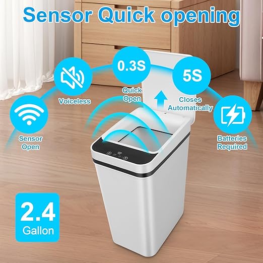 Bathroom Trash can,Smart Touchless Trash Can,Automatic Motion Sensor Trash Bin With Lid,2.4 Gallon Garbage Can, Kitchen, Bathroom, Office, Bedroom Trash can (White)