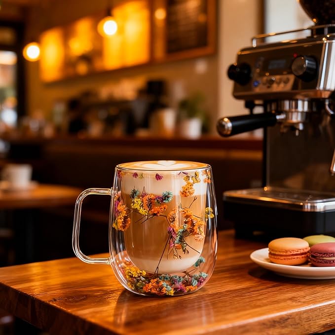 Double Wall Glass Coffee Mug, Clear Flower Tea Cup with Handle, Insulated Glass for Hot and Cold Drinks, Heat Resistant Glass Cup for Latte Cappuccino Espresso 350ml