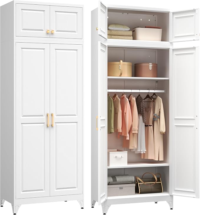 Polup Metal Armoire Closet, 86 Inch Tall Wardrobe Armoire with Hanging Rod, Almirah for Clothes with Doors, 18" D x 32" W x 86" H, White, Assemble Required, Shipped in Two Packages