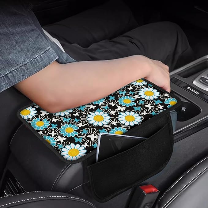 CLOHOMIN Blue Daisy Car Center Console Cover with Side Pockets Butterfly Car Arm Rest Cushion Pad Auto Interior Accessories Easy to Install Auto Armrest Cover Pad
