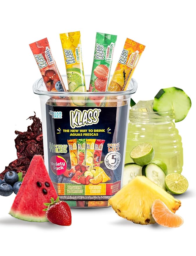 Klass Aguas Frescas, Powdered Drink Mix Variety Pack, 44 Singles Zero Sugar & Caffeine-Free Powder Packets, Water Drink Mix, Flavors: Cucumber Limeade Pineapple Tangerine Strawberry Watermelon & Hibiscus Berries - 5 Calories Per Packet & Natural Flavors
