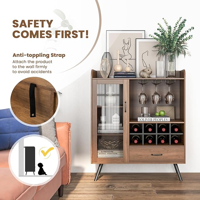 LOKO Farmhouse Coffee Bar Cabinet with Tempered Glass Door, 3-Row Glass Holder & 8-Grid Wine Rack, Buffet Sideboard with Wine Display, Rustic Brown