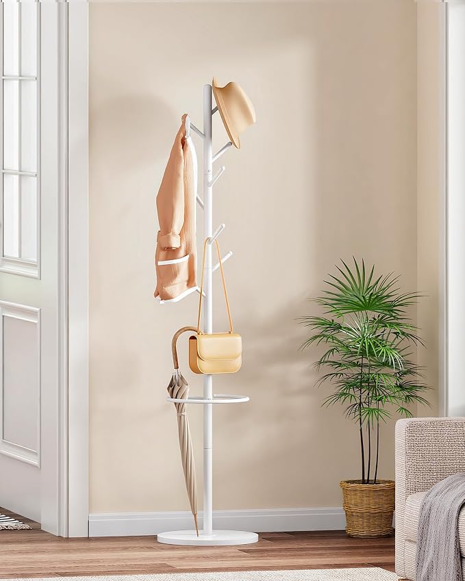 CHOEZON Coat Rack Freestanding, Coat Rack with Umbrella Holder, Coat Hanger Stand with 8 Hooks, Coat Tree with Marble Base, 3 Adjustable Size, for Entryway, Living Room, Bedroom Marble White TYM09WD
