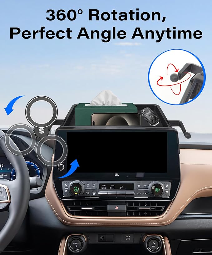 Car Phone Holder for 2024 2025 2026 Toyota Grand Highlander/Grand Highlander Hybrid Accessories Apply to 12.3 in Screen Fixed Clip Magnetic Cell Phone Mount with Dashboard Storage Tray