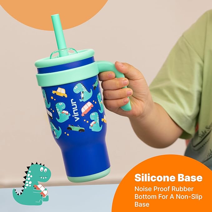 VINUR Kids Tumbler with Handle 14 oz Stainless Steel Double Wall Vacuum Insulated Tumbler with Lid and Straw, Leak Proof Water Cup for Travel (Dinosaur)