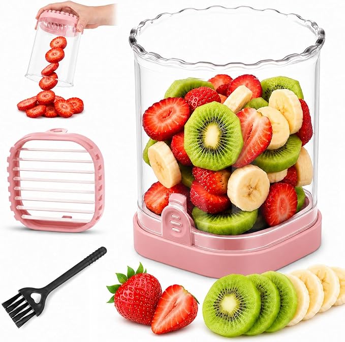 CUNSENR Strawberry Slicer, Fruit Slicer Cup with Stainless Steel Blades, Detachable Strawberry Cutter & Fruit Cutter for Strawberries, Banana, Egg, Cucumber, Mushroom, Quick Meal Prep - Pink