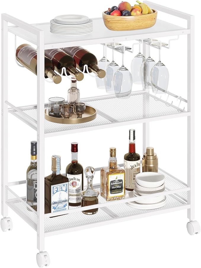Bar Cart, Home Bar Serving Cart with 3-Tier Shelf,Microwave Cart with Lockable Wheels,Mobile Kitchen Shelf,Rolling Beverage Cart with Wine Rack and Glass Holder for Kitchen,Dinning Room,White
