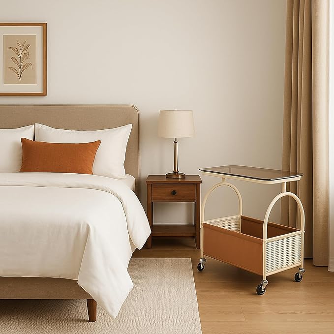 D&H FURNIMMT 2-Tier Rolling Side Table with Glass Top Storage Basket Mobile End Table/Coffee Table with Wheels for Living Room, Bedroom, Kitchen, Balcony Brown & White(22" x 14" x 21")