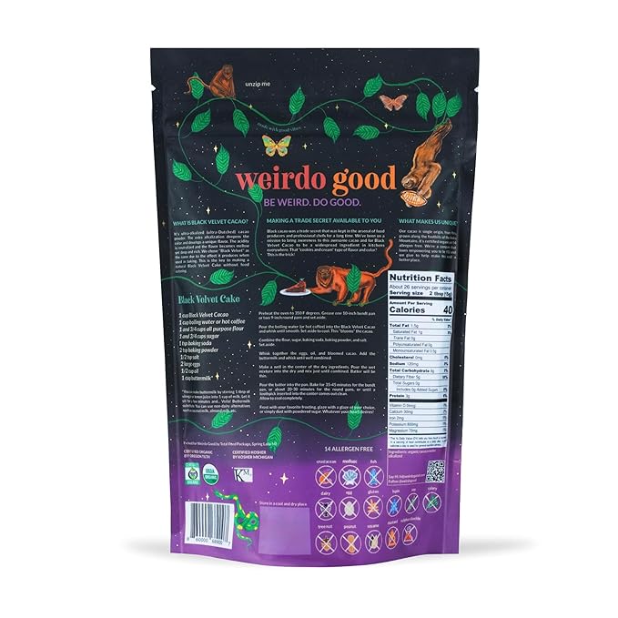 Weirdo Good Black Velvet Cacao Powder – Organic, Allergen-Free, Premium Ultra-Dutched Cocoa for Baking, 14 oz.