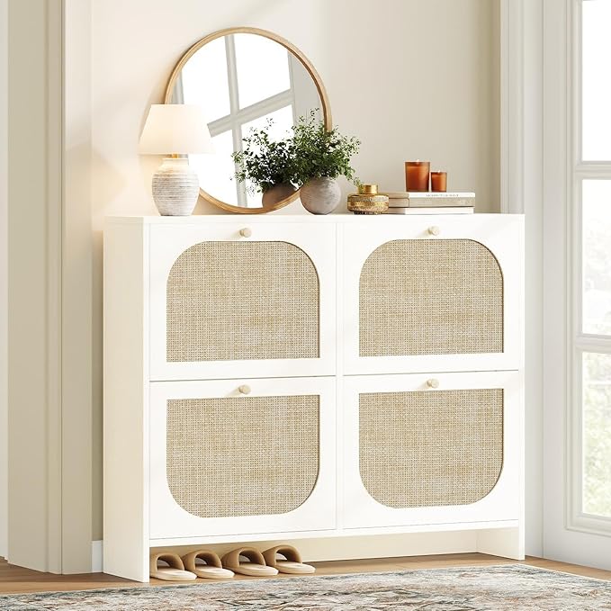 Nicetree Shoe Storage Cabinet for Entryway, 9.5" Ultra Slim White Hidden Shoe Rack with 4 Flip Drawers, Boho Teslin Woven Shoe Organizer for Men's Size 13.5 Boots