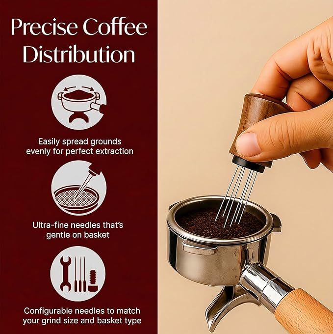 WDT Espresso Distribution Tool – Coffee Distributor with Walnut Wood Handle – With 7 x 0.35mm 304 Stainless Steel Needles + 7 Extra Needles – For Even Espresso Extraction & Crema – Black & Walnut