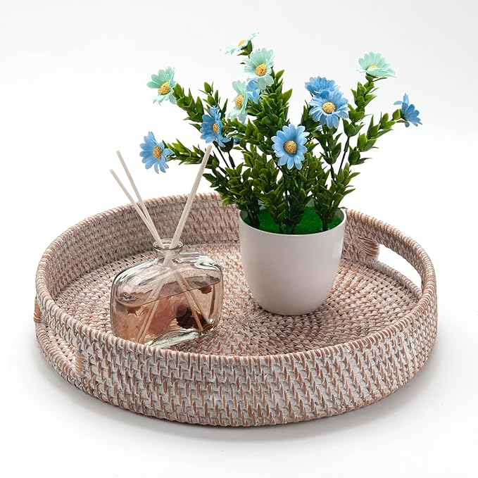 Coffee Table Tray Round Rattan Ottoman Tray Woven Serving Trays with Handles for Home and Kitchen Decorative Whitewash (Large 16.9 inch)