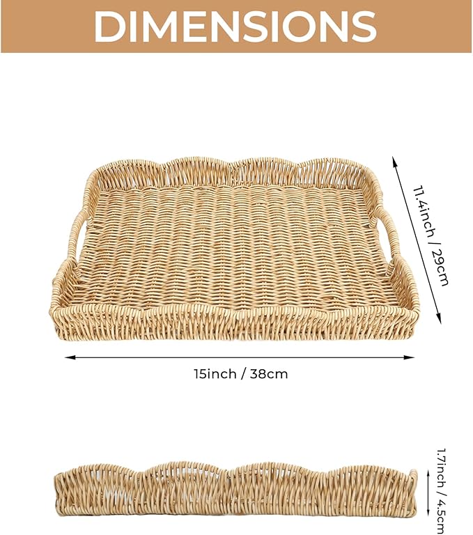 Rectangle Wicker Scalloped Tray, Hand Woven Synthetic Rattan Serving Tray with Handles, Coffee Table Decorative Tray Basket for Modern Boho Rustic Home Ornament or Organizing (Beige)