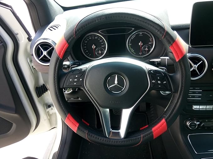 Jdragon Black & Red PU Leather Best Grip Slip-On Steering Wheel Cover 14.25-15" Diameter
