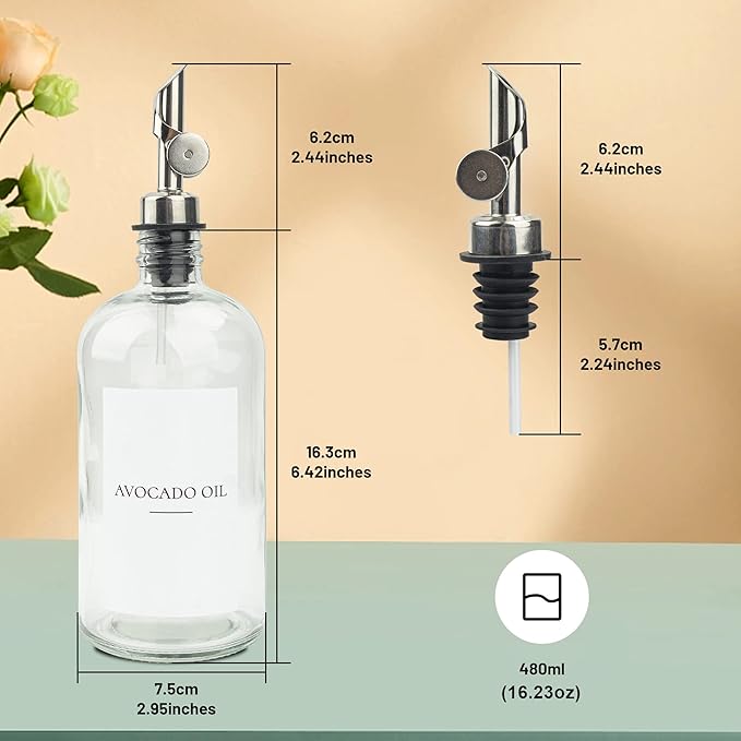 3PCS Oil Dispensers with Labels 16.23oz Kitchen Cooking Glass Bottles Containers with 304 Stainless Steel Automatic Pump Heads Anti-Corrosion & Rustproof