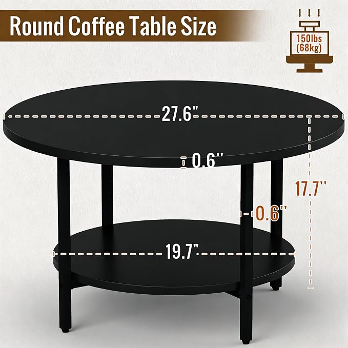 FAMIDGE Coffee Table, 27.6“ Circle Coffee Tables for Living Room, 2 Tier Round Coffee Table with Storage, Wood Accent Center Floor Table for Bedroom, Industrial Home Office, Black (27.6" D x 17.7" H)