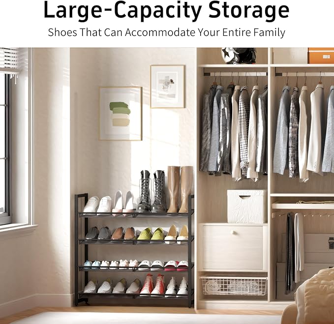 Metal Shoe Rack for Closet,entryway, 4-Tier Shoe Organizer, Adjustable Flat or Angled Shelves, Holds up to 20 Pairs Shoes, Black