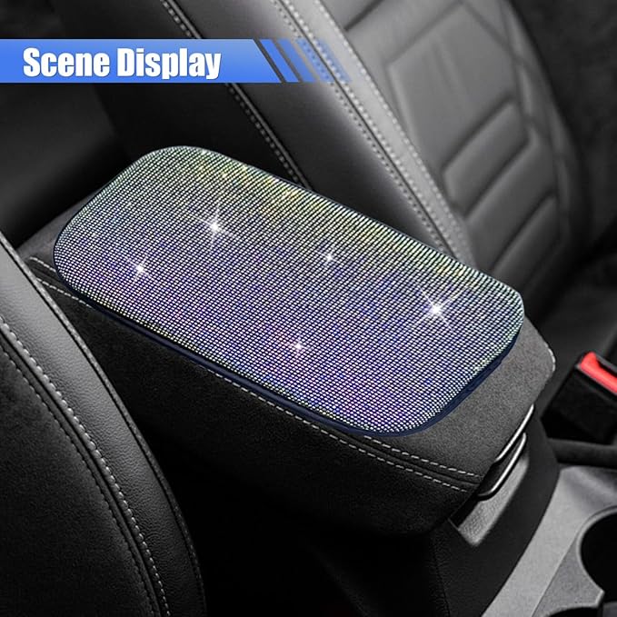 11.9''×8.4'' Bling Car Center Console Cover, Crystal Rhinestone Arm Rest Protective Cushion Pad, Diamond Soft Elbow Pillow, Auto Interior Decoration Accessories for Women Girls (Colorful)