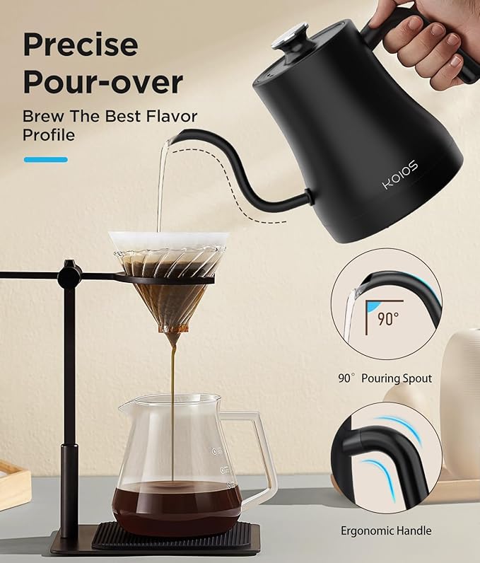KOIOS Gooseneck Electric Kettle with ±1℉ Temperature Control & Mute Mode, 0.8L Pour Over Kettle for Coffee & Tea, 1200W Quick Heating Stainless Steel Water Boiler with 4Hrs Keep Warm, Matt Black