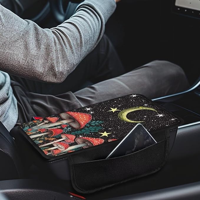BIGCARJOB Mushroom Print Car Center Console Cover with Side Storage Moon Mushroom Print Car Armrest Cover Cushion Auto Seat Center Console Pads Universal Car Interior Accessories