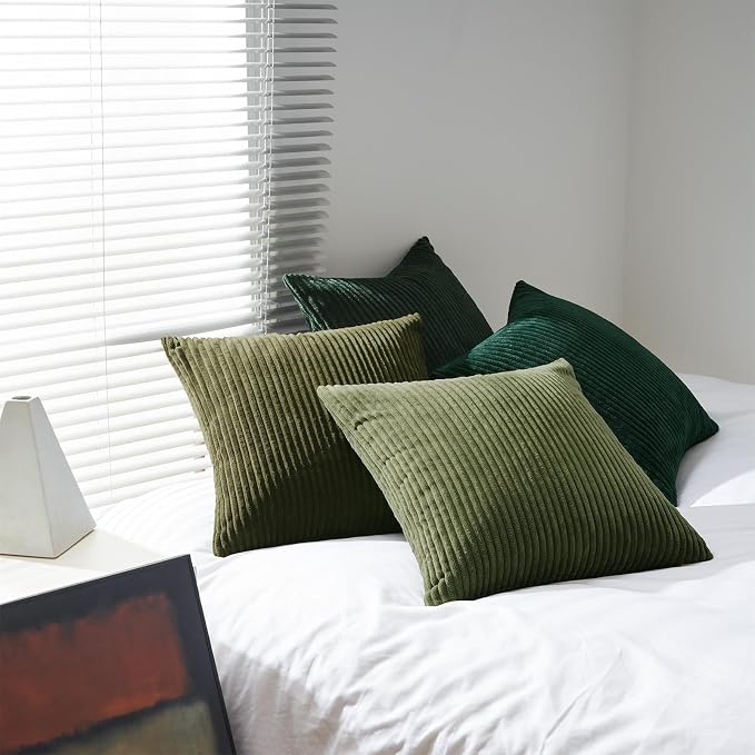 Topfinel Christmas Decorative Throw Pillow Covers Green Series,Winter Fluffy Corduroy Striped Euro Pillows Shams for Couch Bed Bedroom,Western Modern Hunter Green Pillowcase 20x20 Inch Set of 4