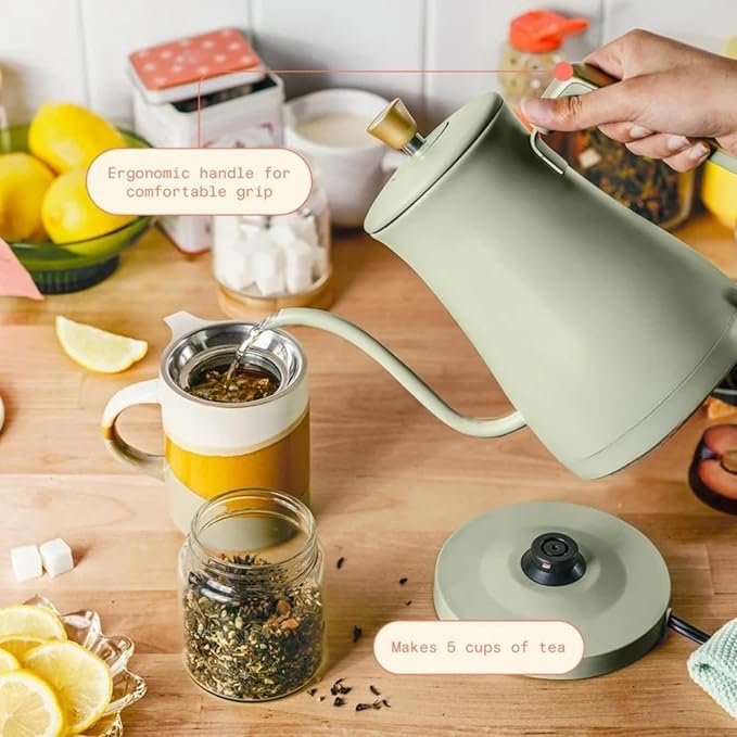 Electric Gooseneck Kettle 1 Liter 1200W, Stainless Steel, Pour Over Coffee Tea, Auto Shut-Off, 360° Cordless Power Base (Sage Green)