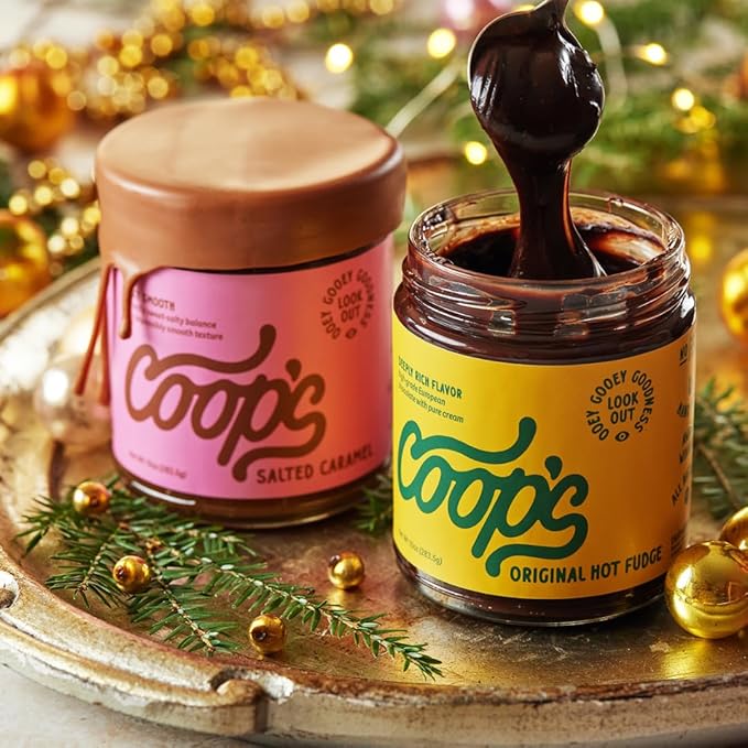 Coop's Original Hot Fudge & Salted Caramel Sauce (2- Pack): Gourmet, All Natural, Handcrafted, Gluten Free, Non-GMO, Chocolate Ice Cream Toppings, Sundae, Desserts, 10 Ounce each