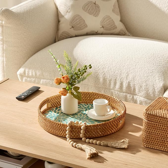 YANGQIHOME Round Rattan Tray with Handle, Mother of Pearl Inlay Decorative Wicker Basket for Coffee, Bread, Fruits, Serving Tray for Home Decor, Blue Flower