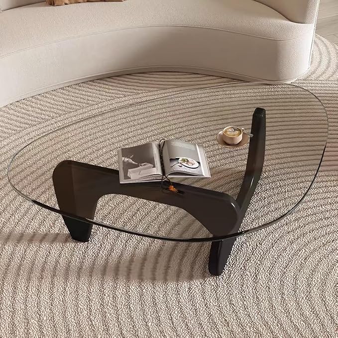 Mid Century Modern Glass Coffee Table, Coffee Table for Living Room, Noguchi Coffee Tables,Suitable for Bedroom Living Room Reception Office Tables (Black/Transparent, ML)