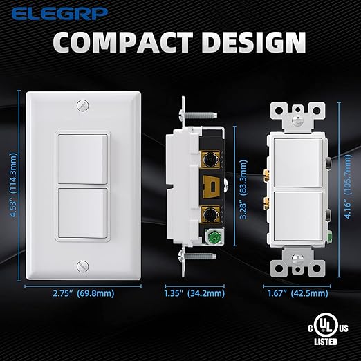 ELEGRP Decorator Double Rocker Light Switch, Two Single Pole Electrical Paddle, 15A 120V, in-Wall On/Off, Self-Grounding, Wall Plate Included, UL Listed (1 Pack, Glossy White)